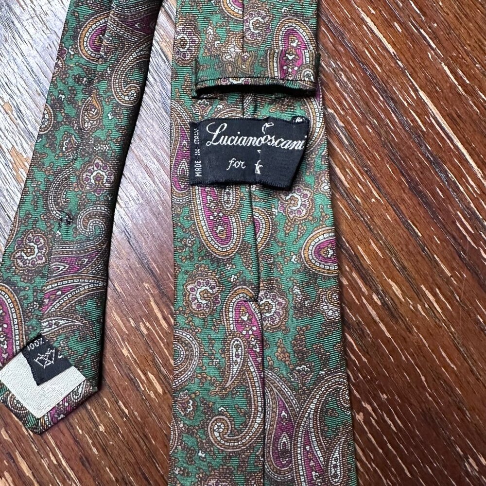 Vintage Luciano Toscanini Green Paisley Silk Tie 3" Wide Classic Mens Necktie - Picture 9 of 13
